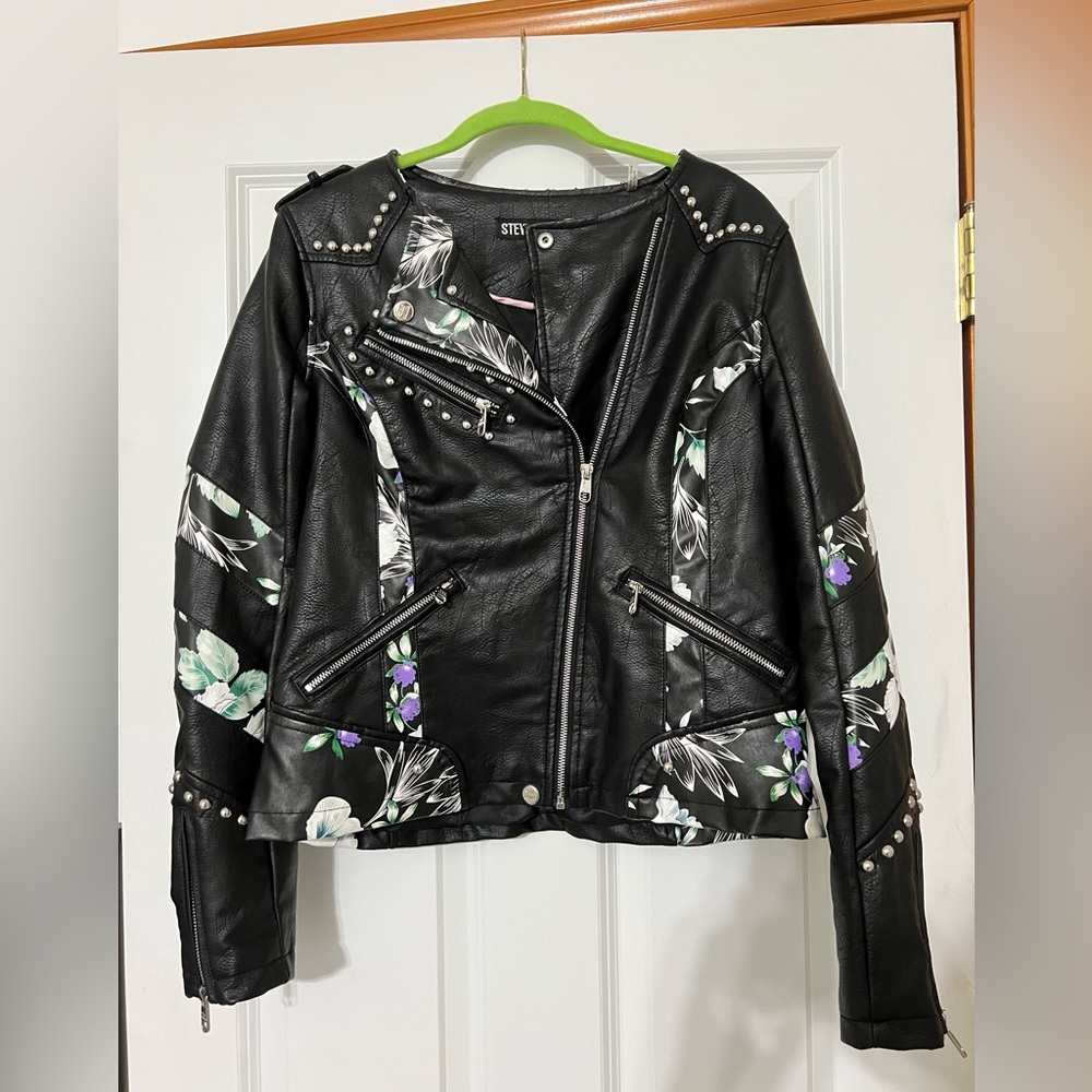Steve Madden Women's Floral Studded faux leather Biker/Moto Jacket Blk sz Medium